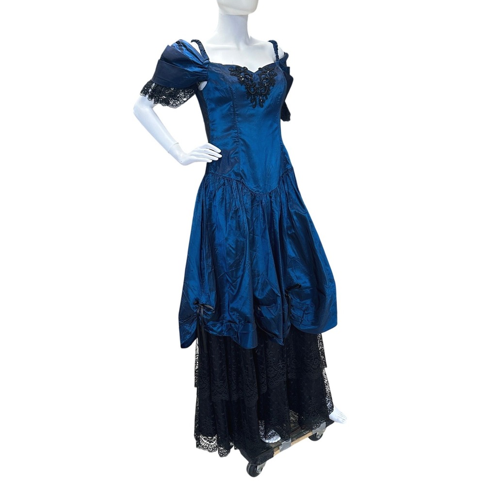 Vintage 80s Gothic Prom Dress Blue Taffeta Black Lace Beaded Maxi Gown